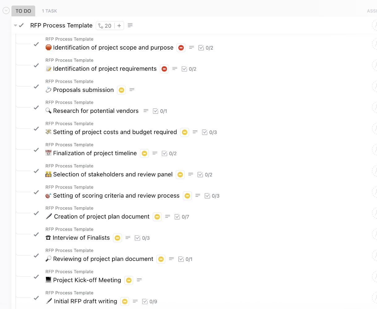 Houd toezicht op het proces van het reageren op een offerteaanvraag met behulp van de sjabloon voor het offerteaanvraagproces van ClickUp