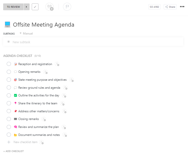 Get a repeatable, role-driven framework with the ClickUp Offsite Meeting Agenda Template
