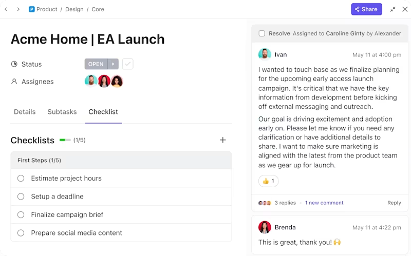 Gérez les tâches avec des priorités, des dépendances, des checklists et des commentaires en fil de discussion pour un contexte complet grâce à la gestion des tâches ClickUp