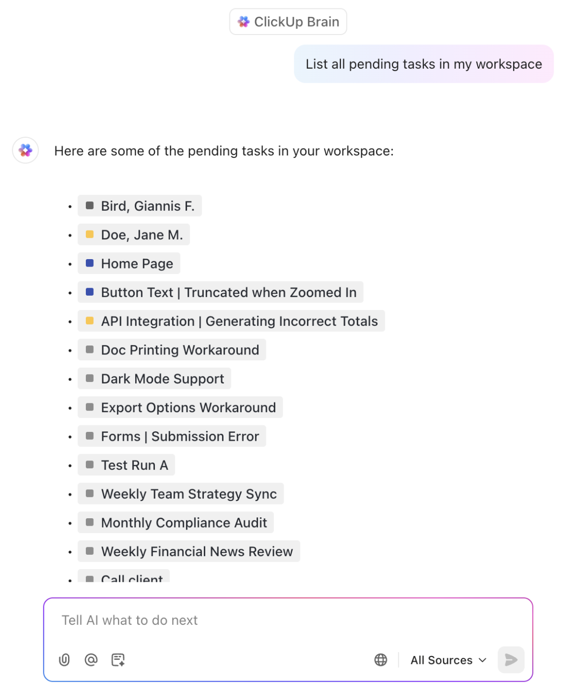 ClickUp Brain: Excel research turn off