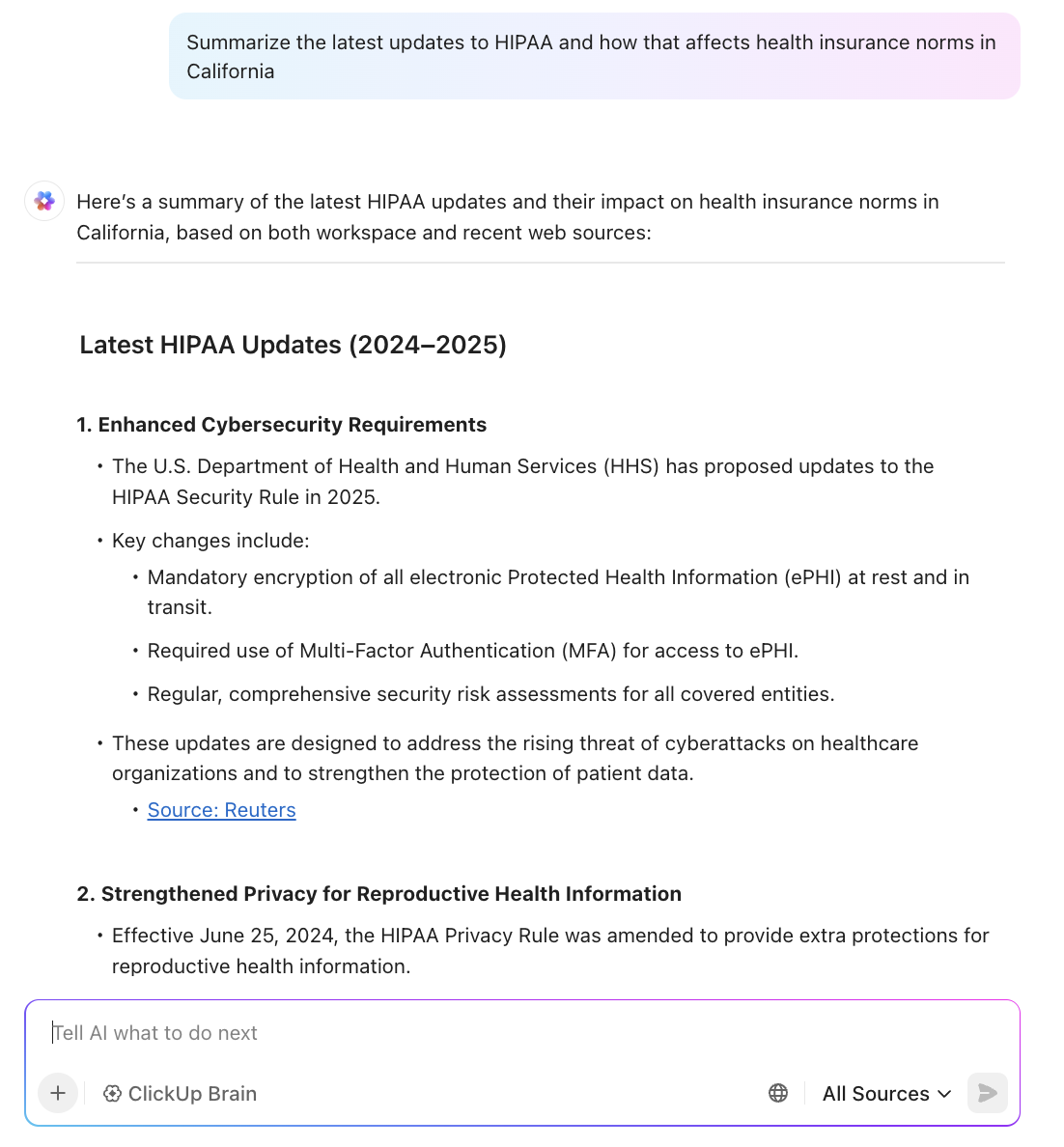 Condense rapidamente as principais atualizações da sua base de conhecimento (e da web) usando o ClickUp Brain: gerenciamento de conhecimento sobre seguros