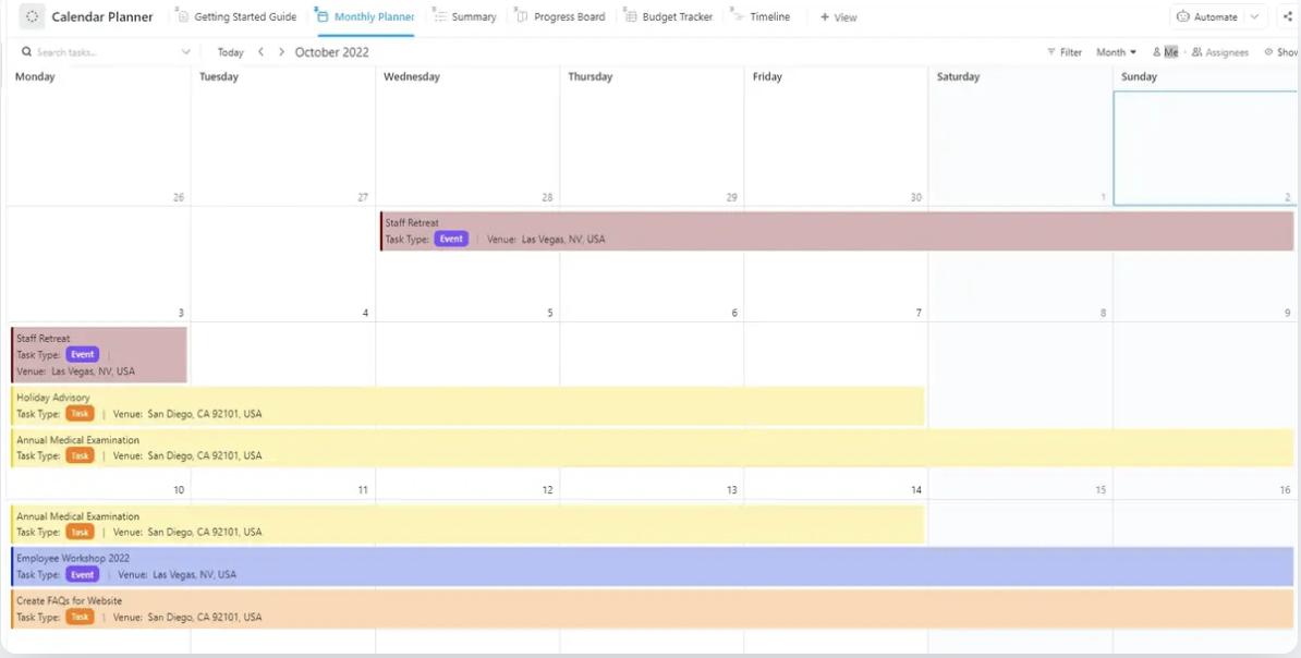 Block time for commitments, color-code tasks by team, and track progress all in one place with the ClickUp Calendar Planner Template