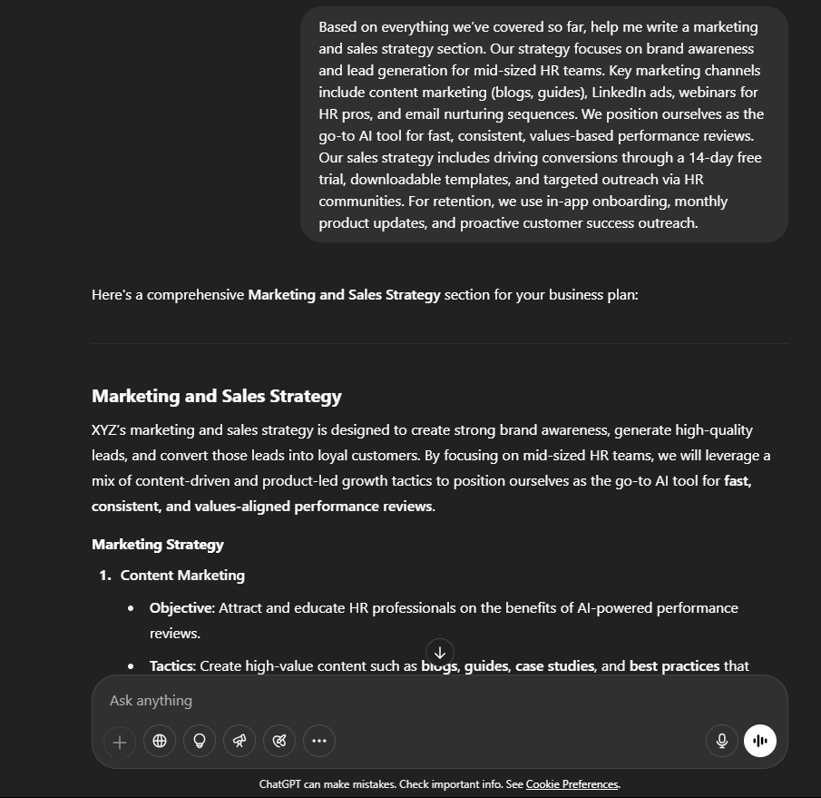 Prompt sulla strategia di marketing su Chatgpt