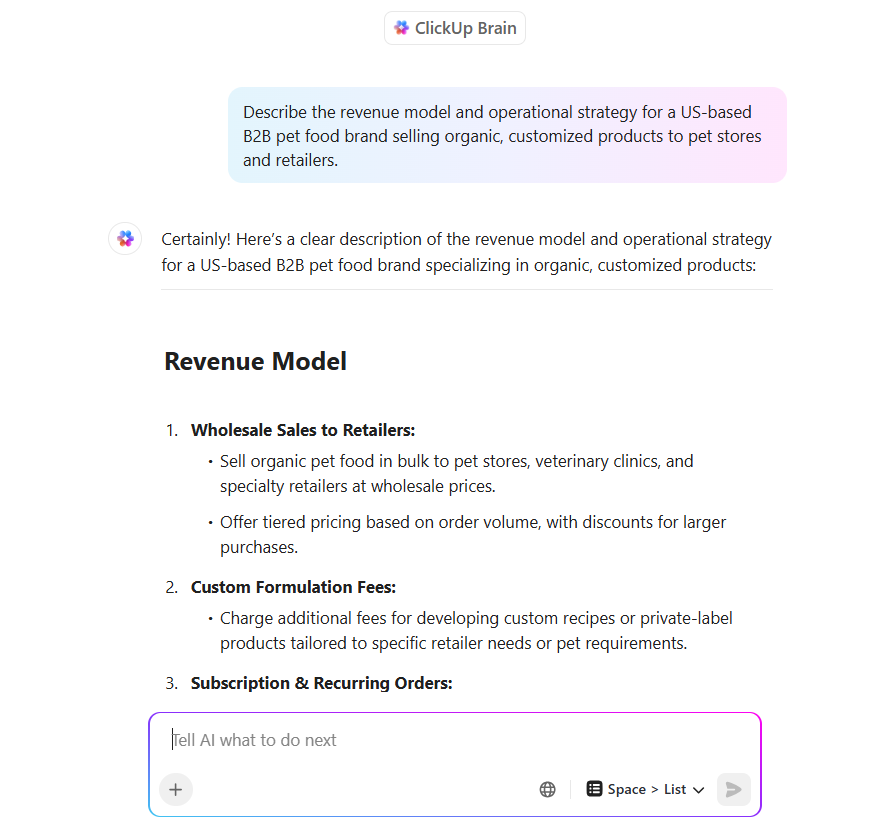 ClickUp Brain: come scrivere un piano aziendale con chatgpt