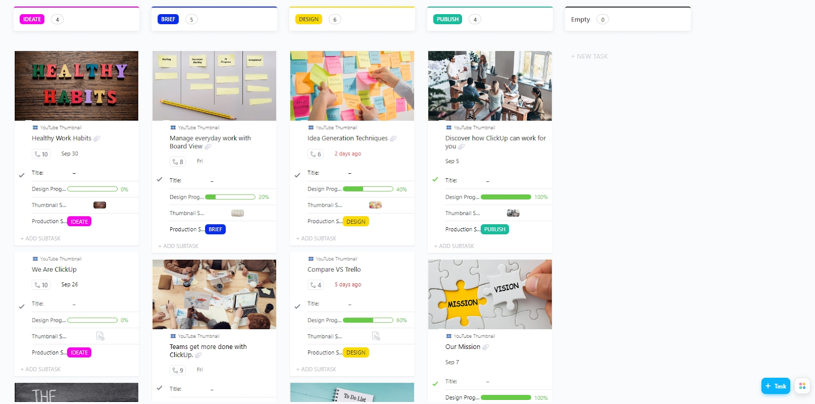 Design and manage standout visuals with the ClickUp YouTube Thumbnail Template
