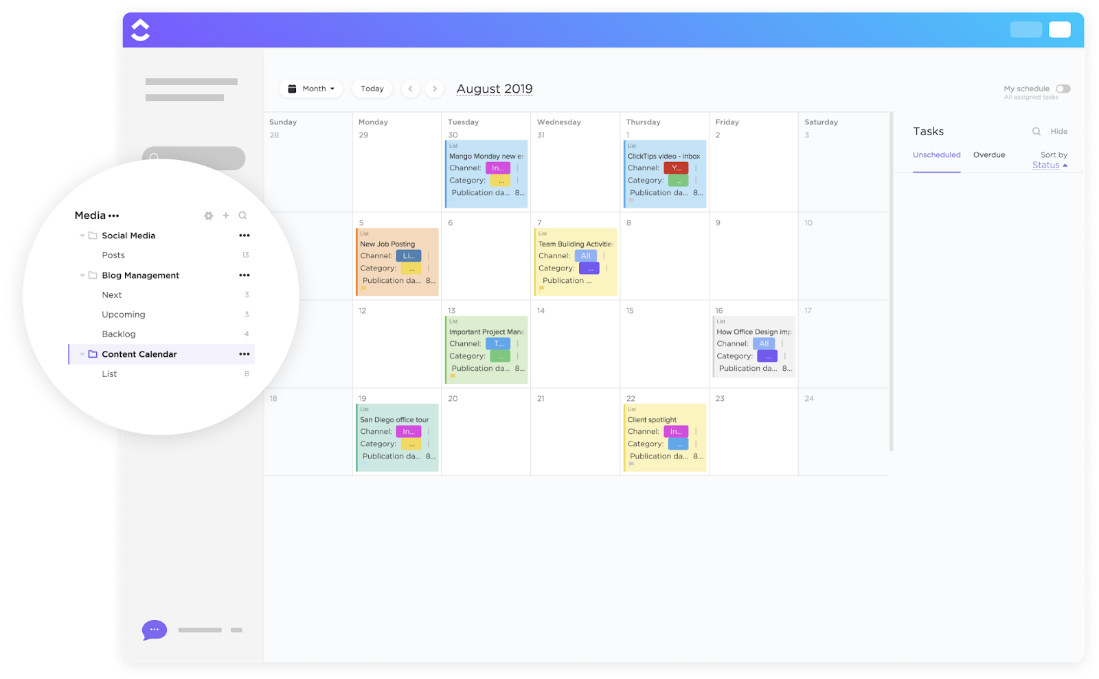 Schedule, publish, and keep track of your video content in one place with the ClickUp Content Calendar Template