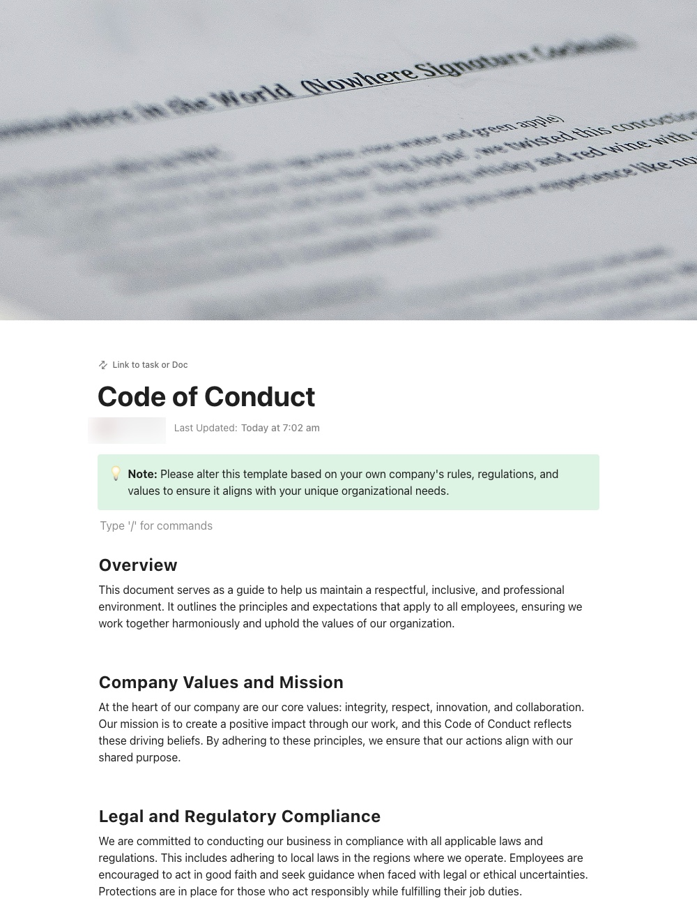 Outline acceptable and unacceptable workplace conduct with the help of the ClickUp Code of Conduct Template