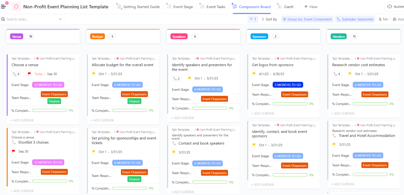 Modello ClickUp per la pianificazione di eventi senza scopo di lucro