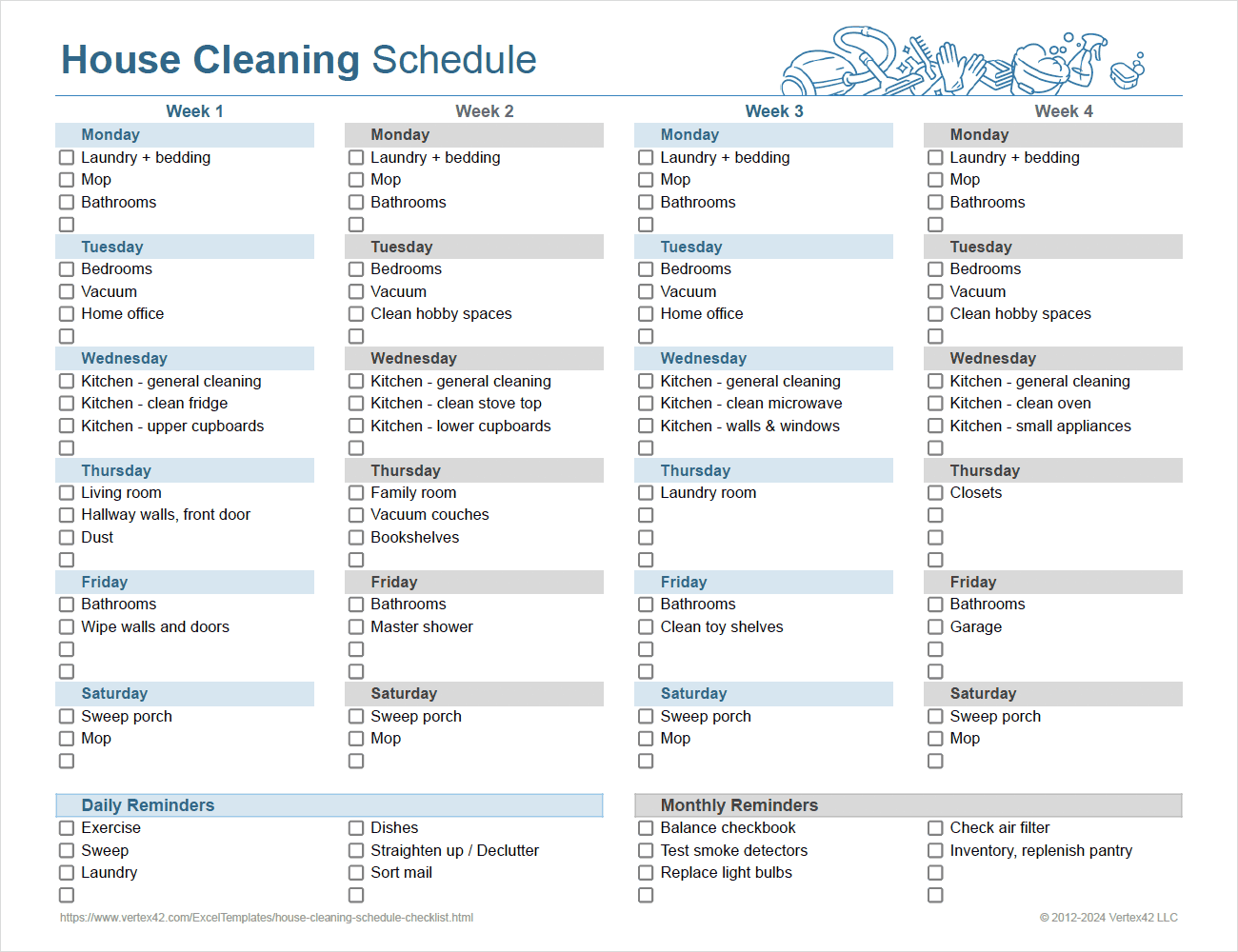 House Cleaning Schedule and Checklist by Vertex24: cleaning schedule template