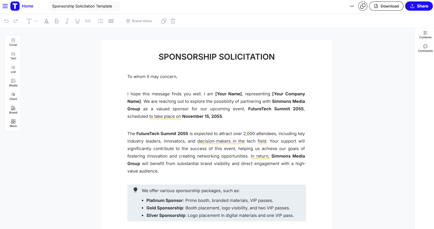 Modello di lettera di richiesta di sponsorizzazione di Template.Net