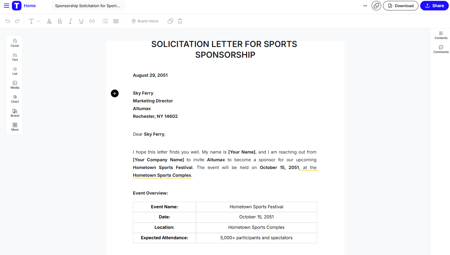 Modello di lettera di richiesta di sponsorizzazione sportiva di Template.net