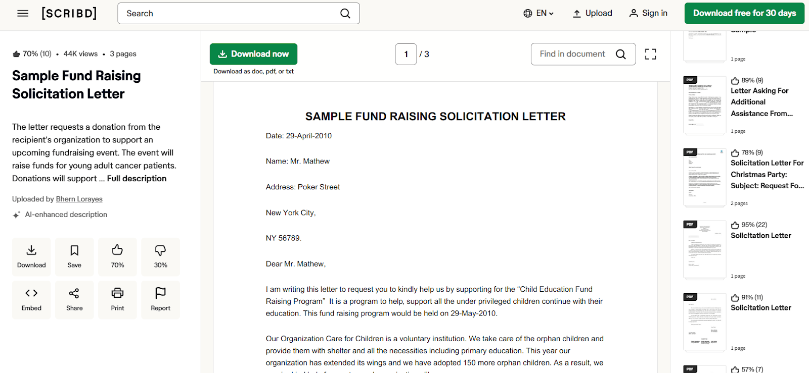 Modello di lettera di richiesta di raccolta fondi di Scribd