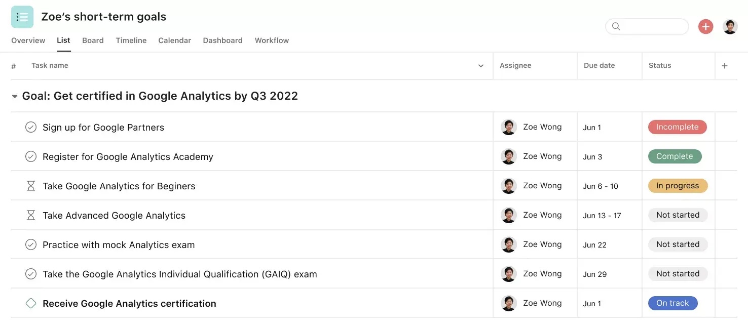 Asana to-do list template for short-term goals: Set and manage short-term goals with clear tasks, deadlines, and success metrics