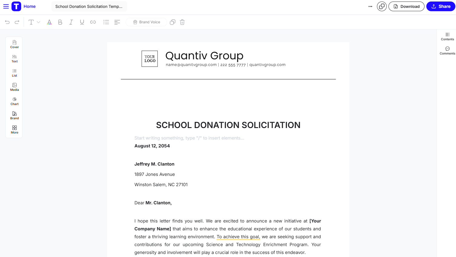 Modello di lettera di richiesta di donazioni per scuole di Template.net