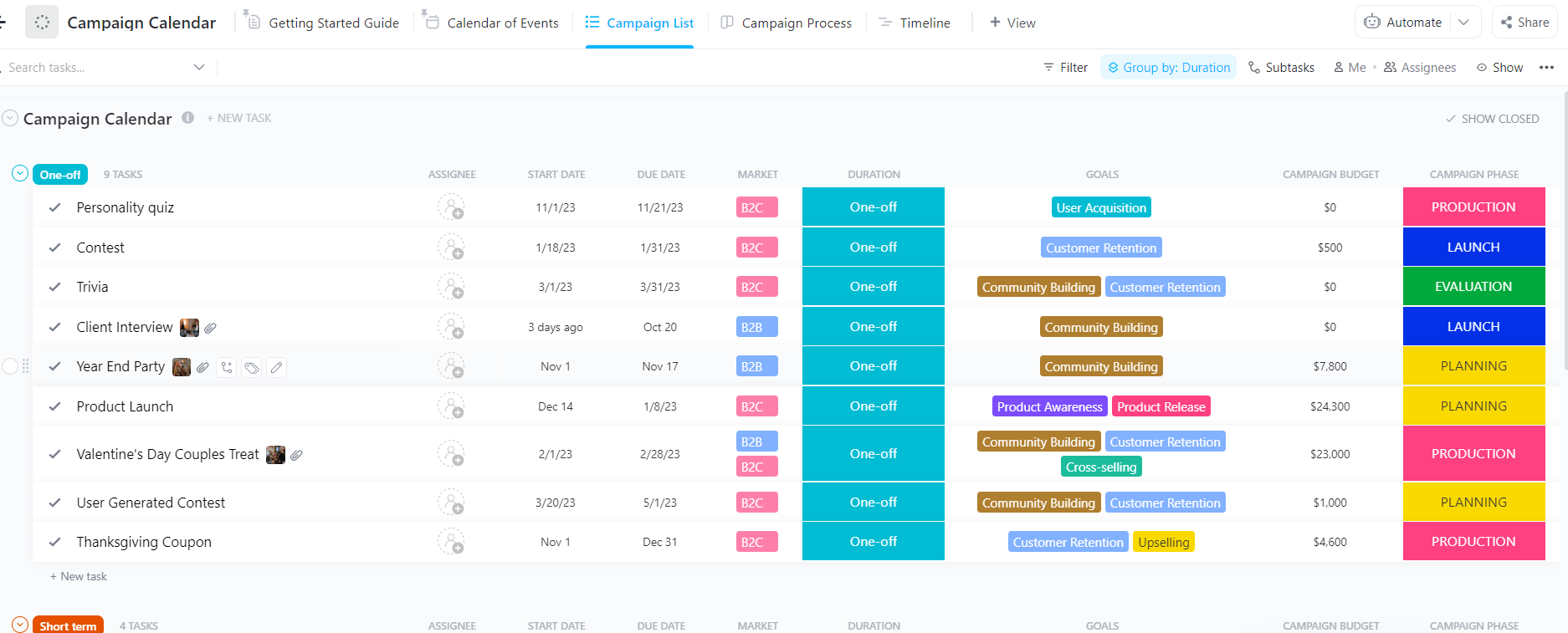 Establish a timeline for campaigns and track progress against key milestones using the ClickUp Campaign Calendar Template