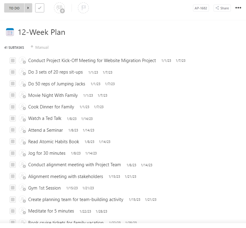 Mẫu kế hoạch 12 tuần ClickUp