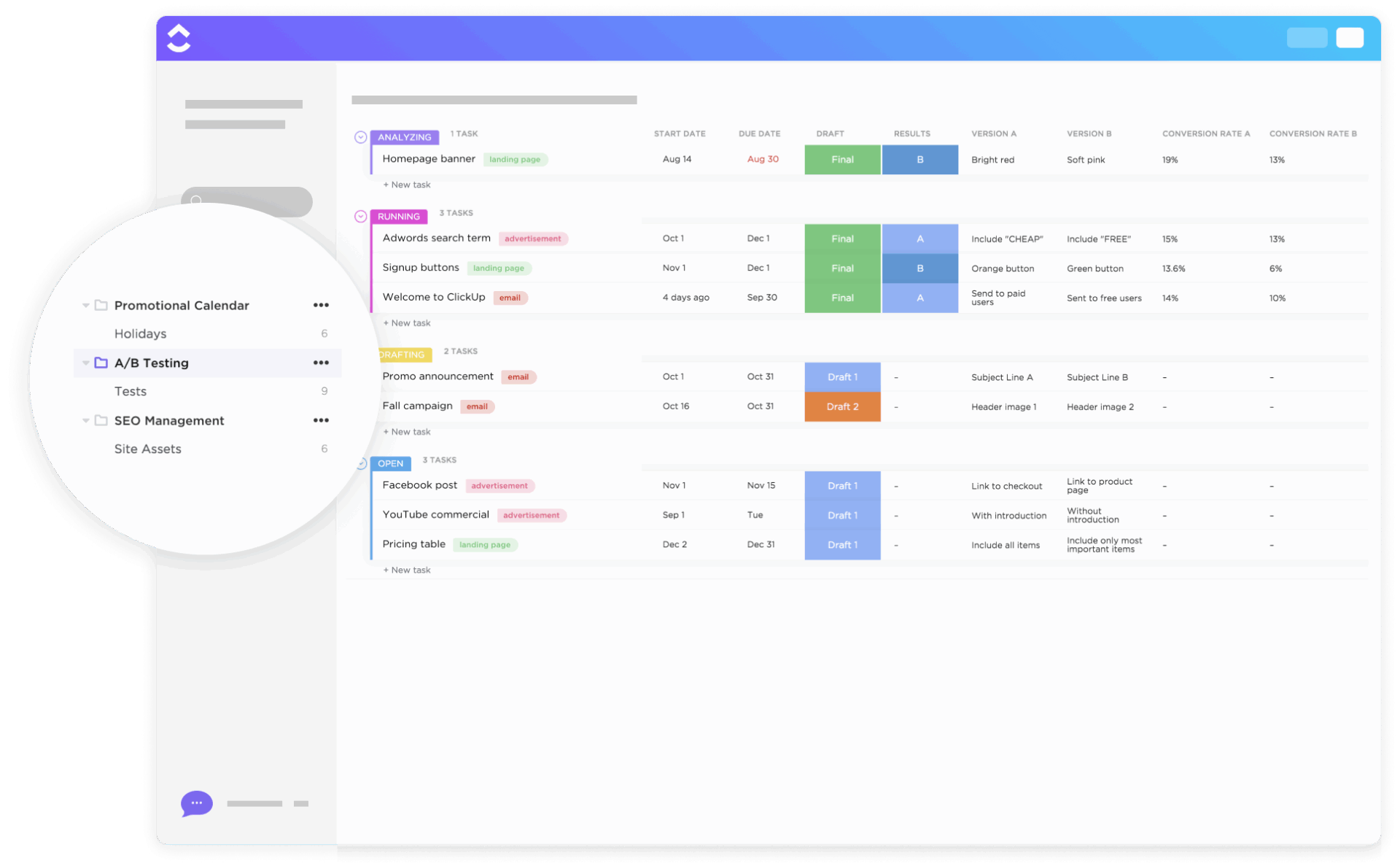 ClickUp A/B Testing Template