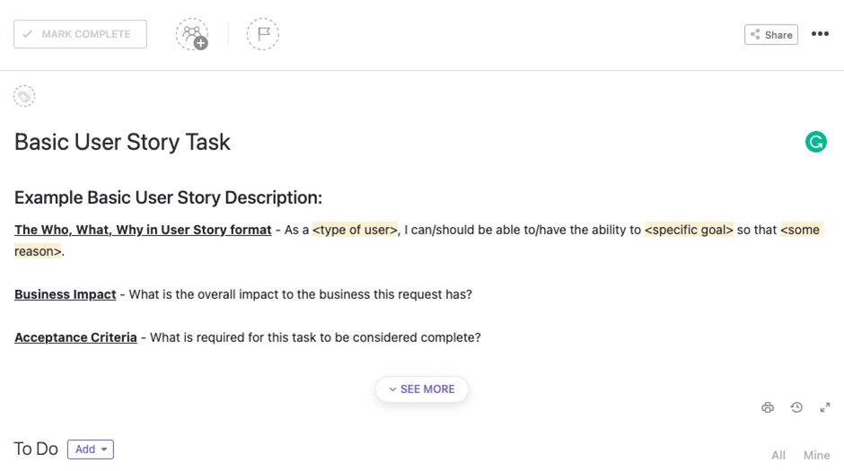 ClickUp Basic User Story Task Template