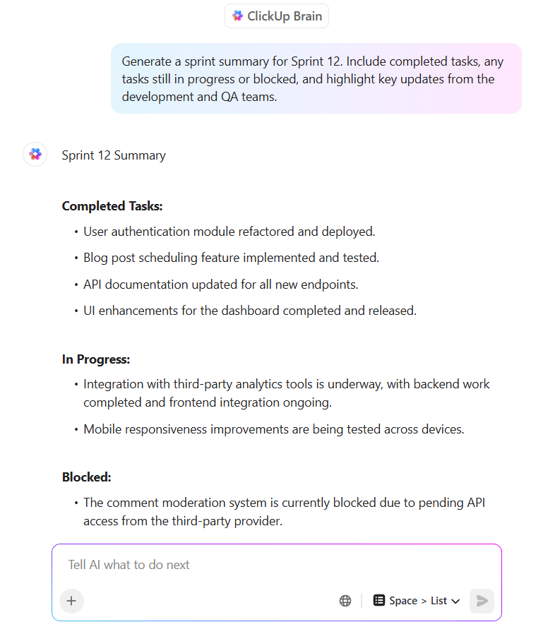 Get critical task and progress updates with ClickUp Brain : incident management software