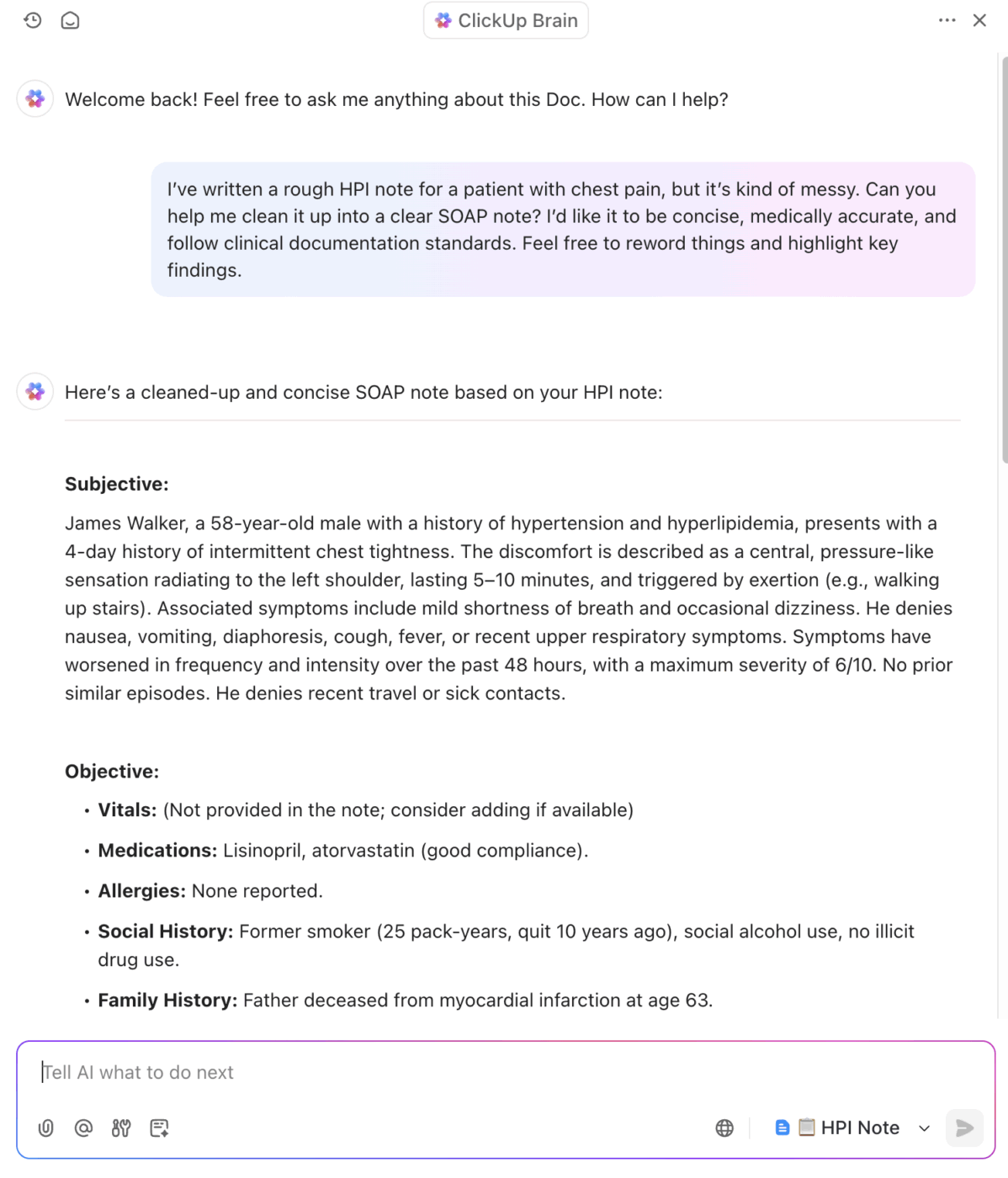 ClickUp Brain: Soap Note Generator