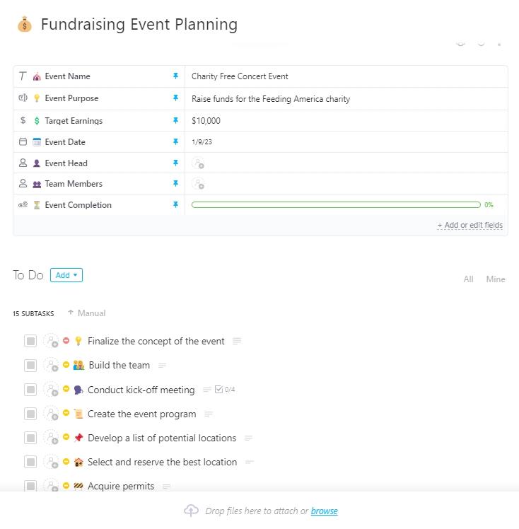 Modello ClickUp per la pianificazione di eventi di raccolta fondi