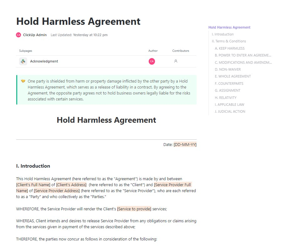 ClickUp Hold Harmless Agreement