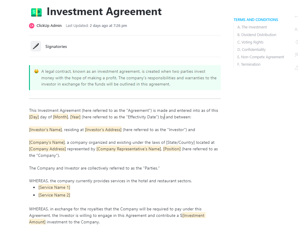 ClickUp Investment Agreement