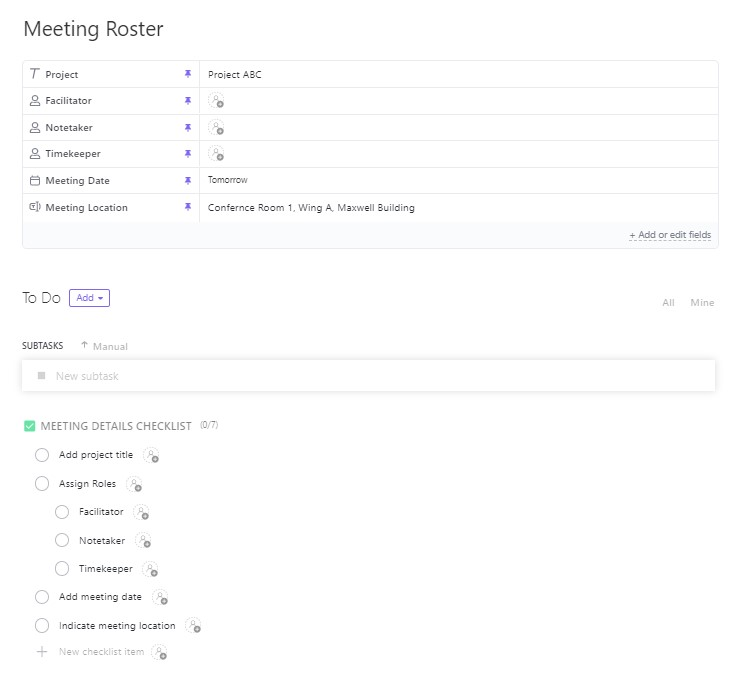 ClickUp Meeting Roster Template
