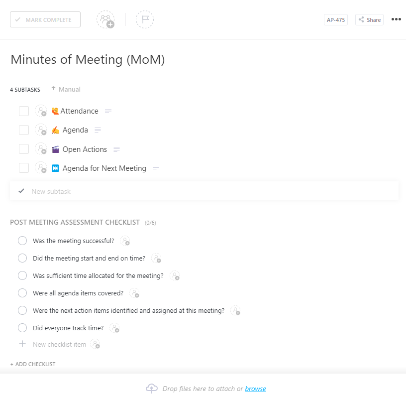 ClickUp Meetings Of The Minute MOM Template