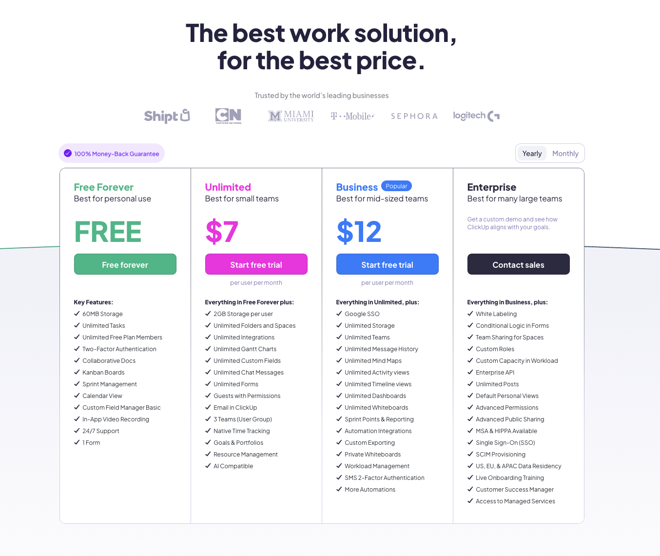 ClickUp 가격 정책