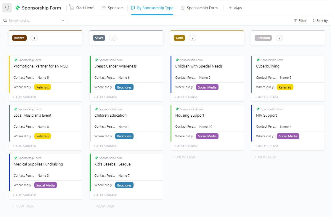 Modello di modulo di sponsorizzazione ClickUp per bacheca