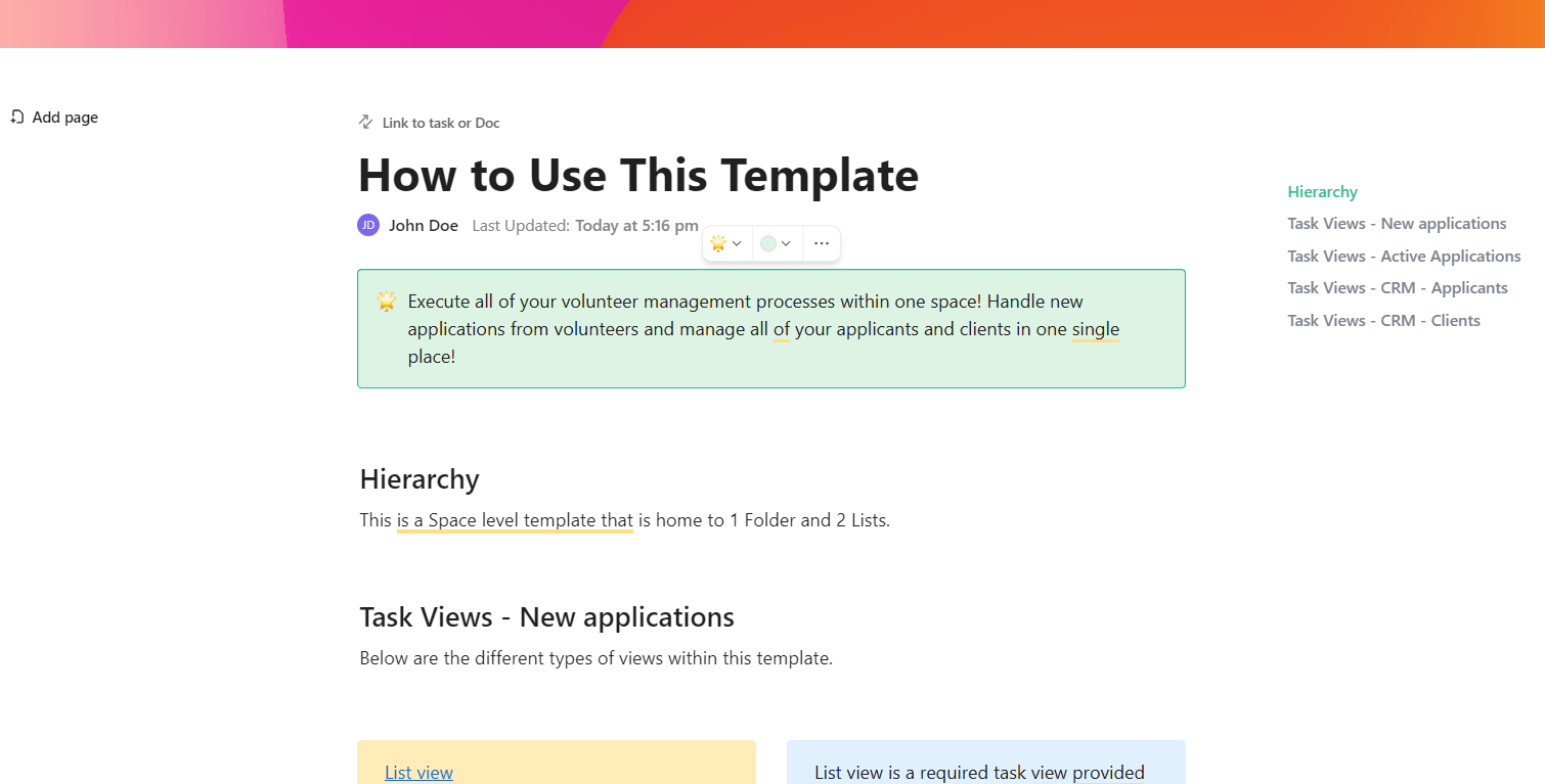 ClickUp Volunteer Management Template