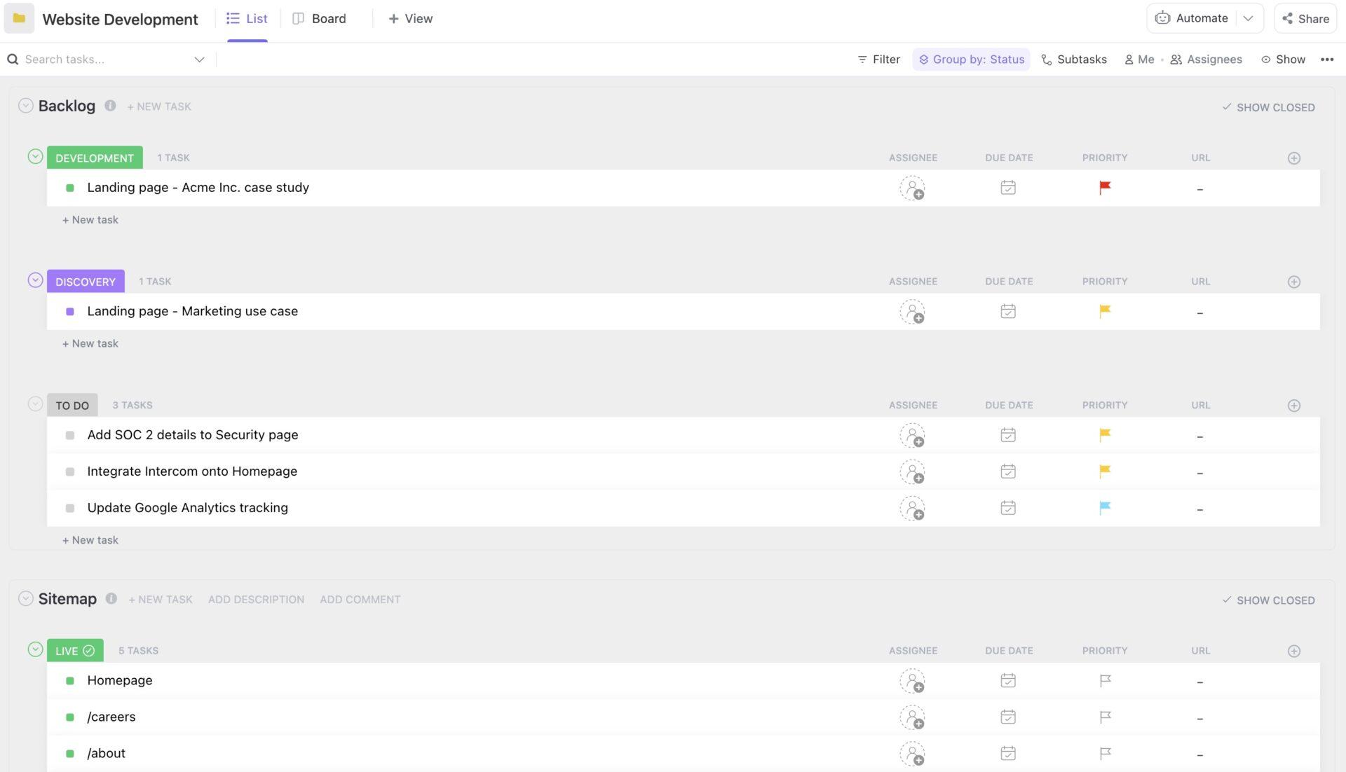 ClickUp Website Development Template