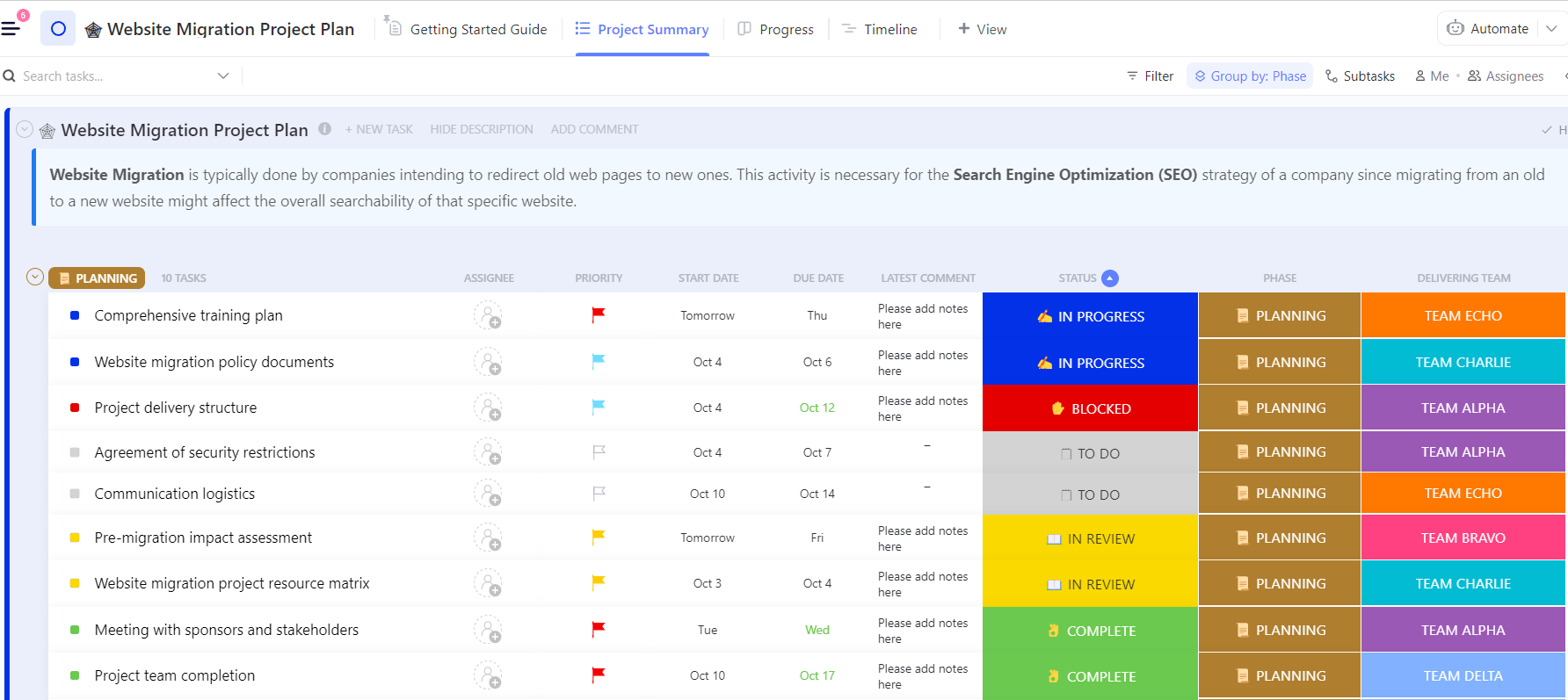 ClickUp Website Migration Project Plan Template