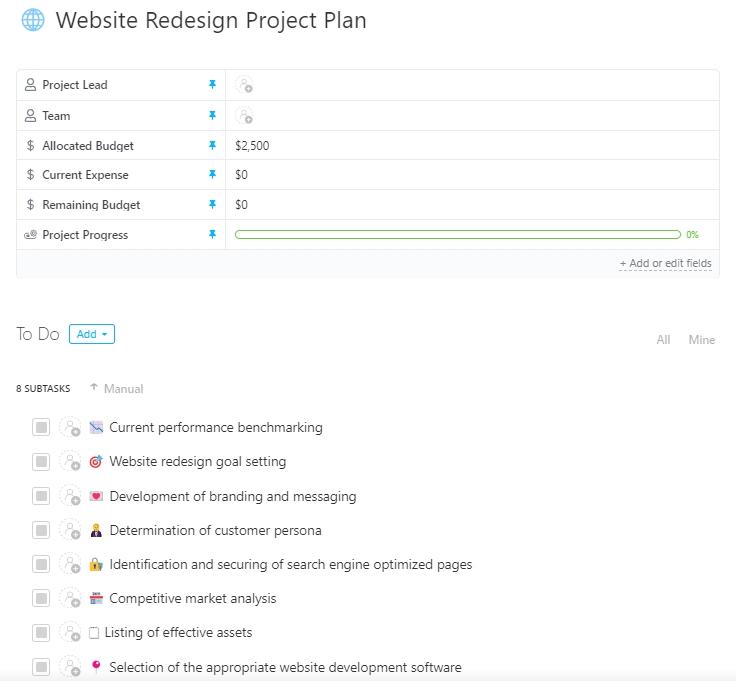 ClickUp Website Redesign Project Plan Template