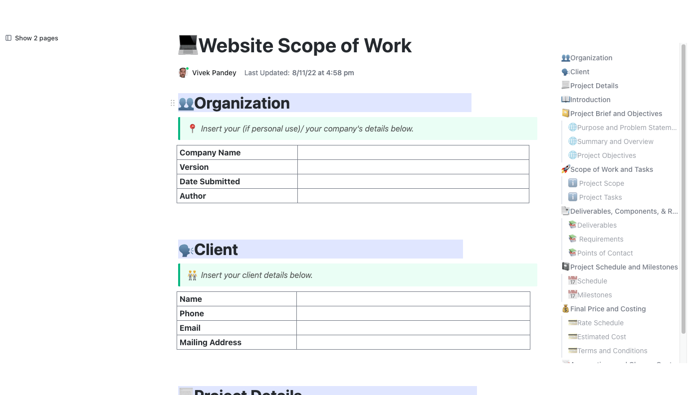 ClickUp Website Scope of Work Template