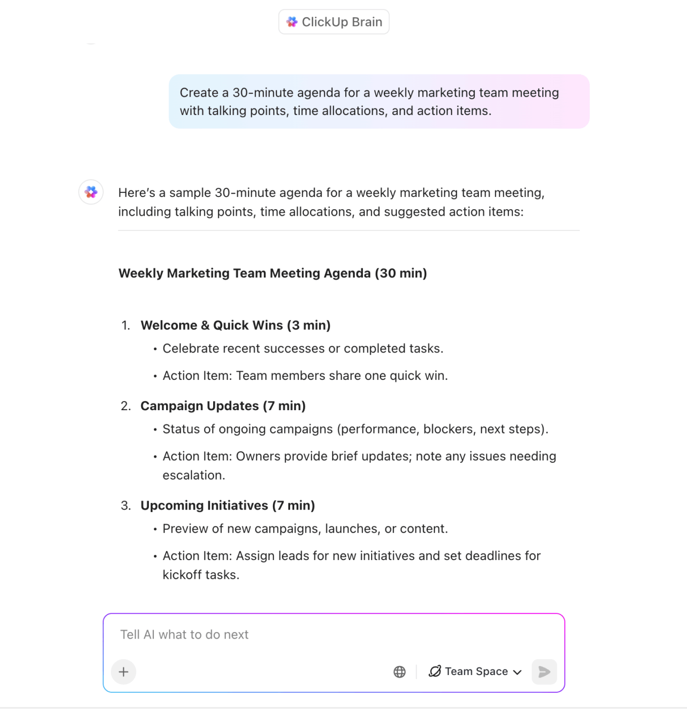 Build a complete meeting agenda with time blocks and talking points using ClickUp Brain