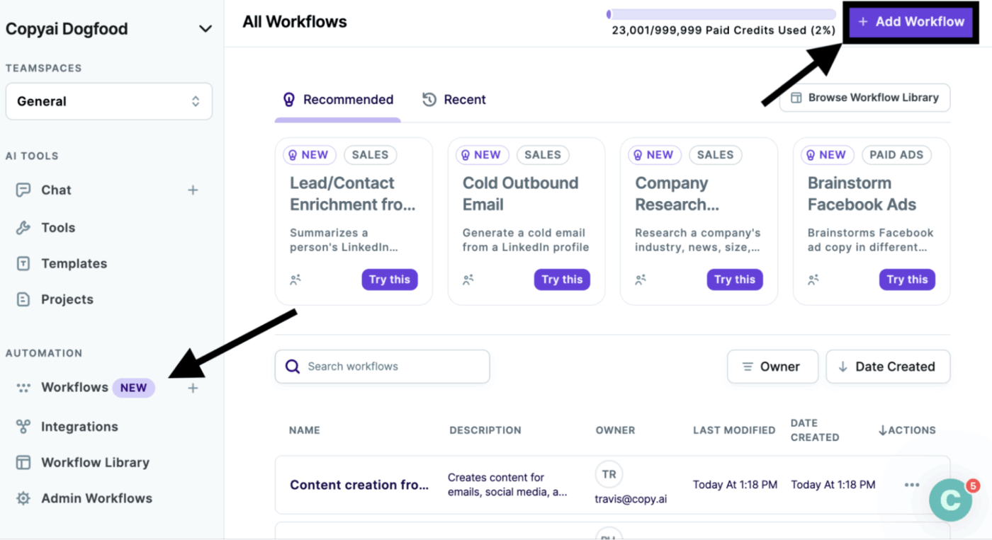 Copy.ai Dashboard : AI Writing Tools