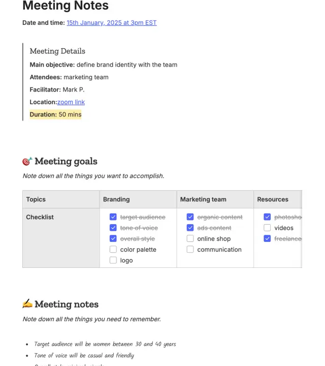 Modelo de notas de reunião do Evernote: um modelo de reunião estruturado com metas, notas e listas de verificação