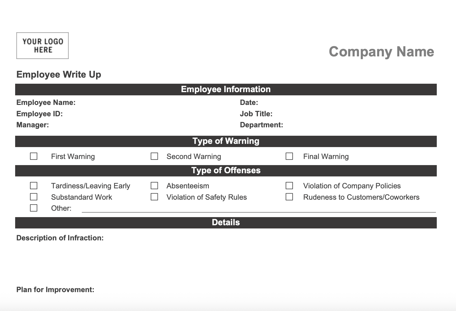 PDF Employee Write Up Form Template by Betterteam