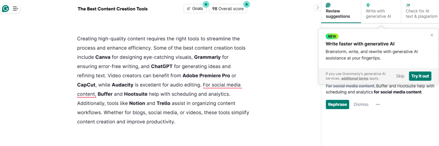 Grammarly Dashboard : AI Writing Tools