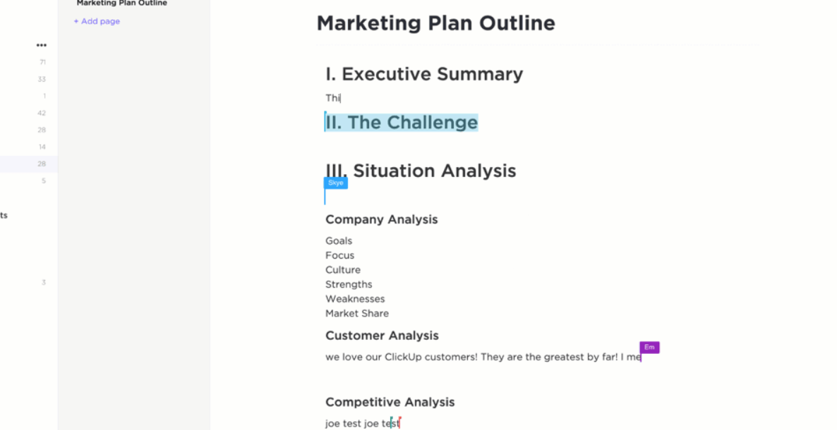 Marketing Plan Outline in ClickUp Docs: AI Writing Tools