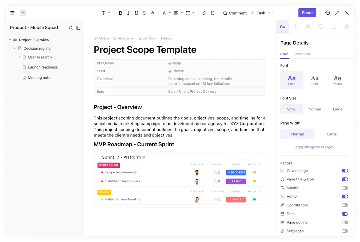 ClickUp Docs: perangkat lunak perencanaan acara
