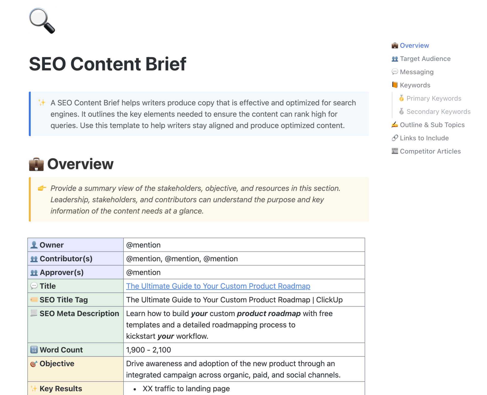 SEO Content Brief Template : Content Mapping Template
