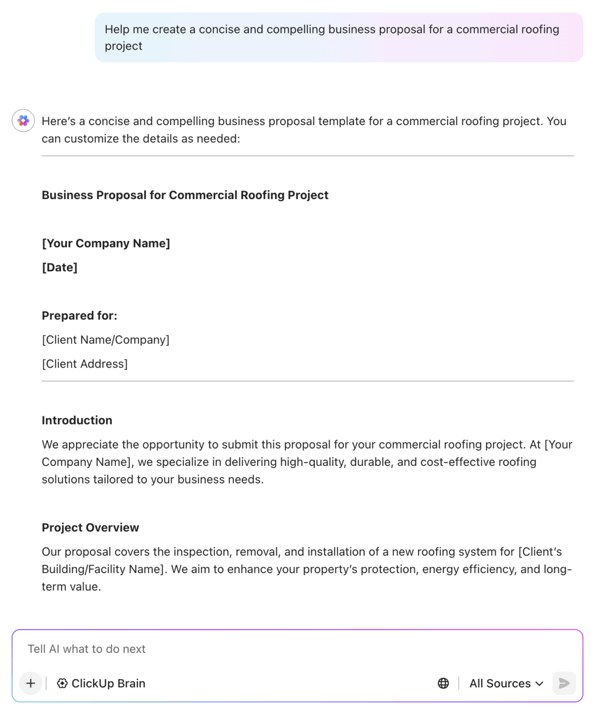 ClickUp Brain for business proposal