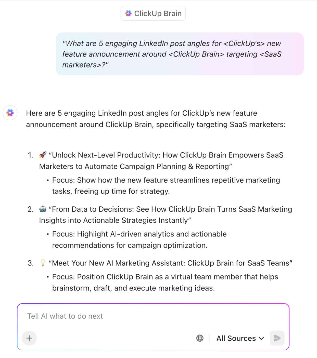 ClickUp Brain で LinkedIn の投稿アイデアをブレインストーミング:LinkedIn コンテンツカレンダーテンプレート