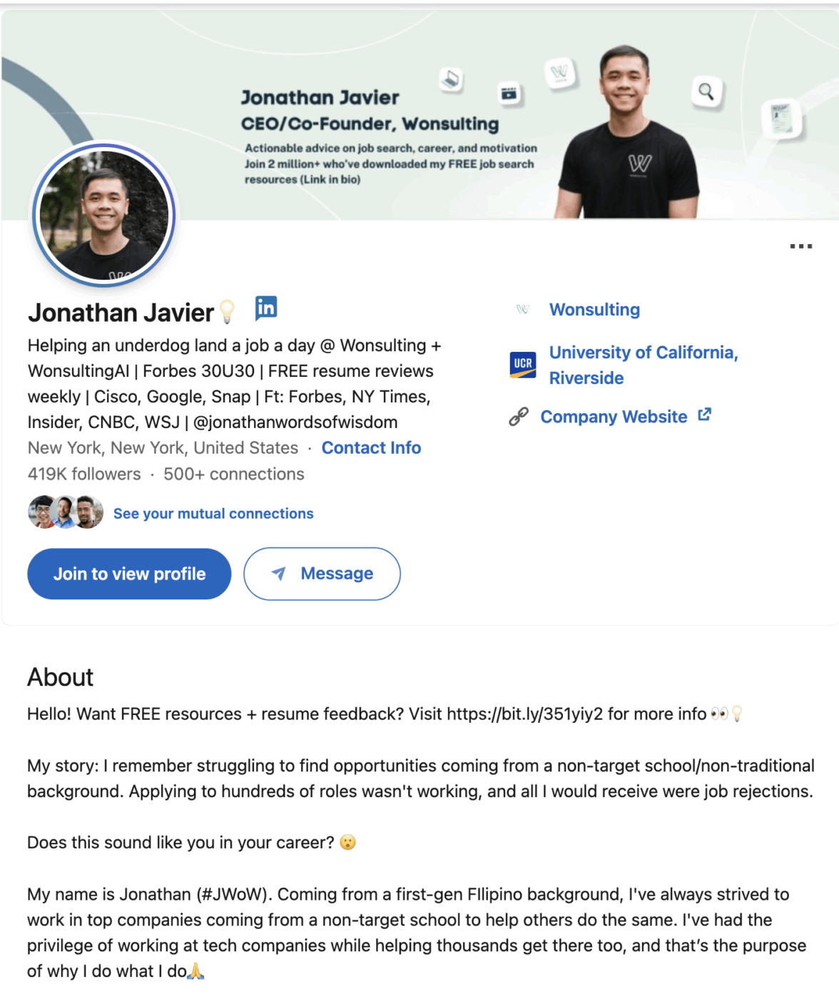 
Here's an example from Jonathan Javier, who focuses on helping people from non-traditional backgrounds land tech jobs