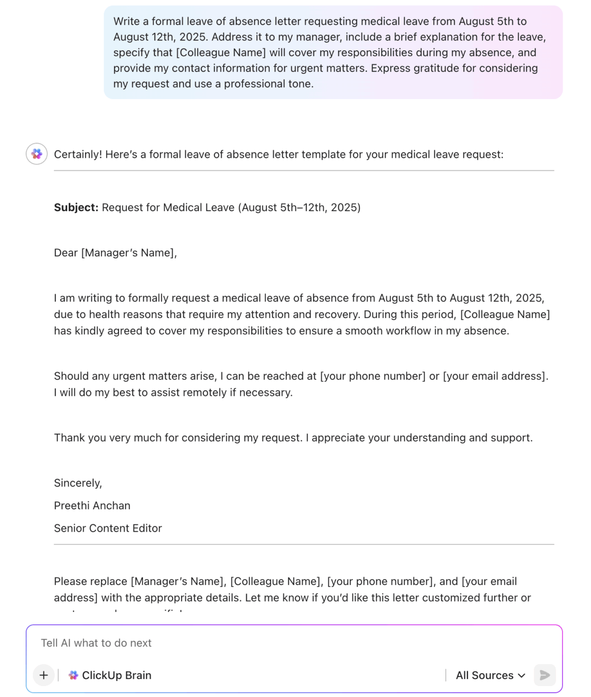 Content for leave of absence letter