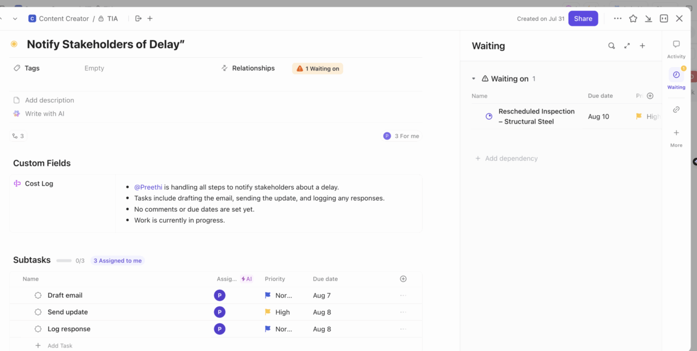 Tasks and sub tasks ClickUp 