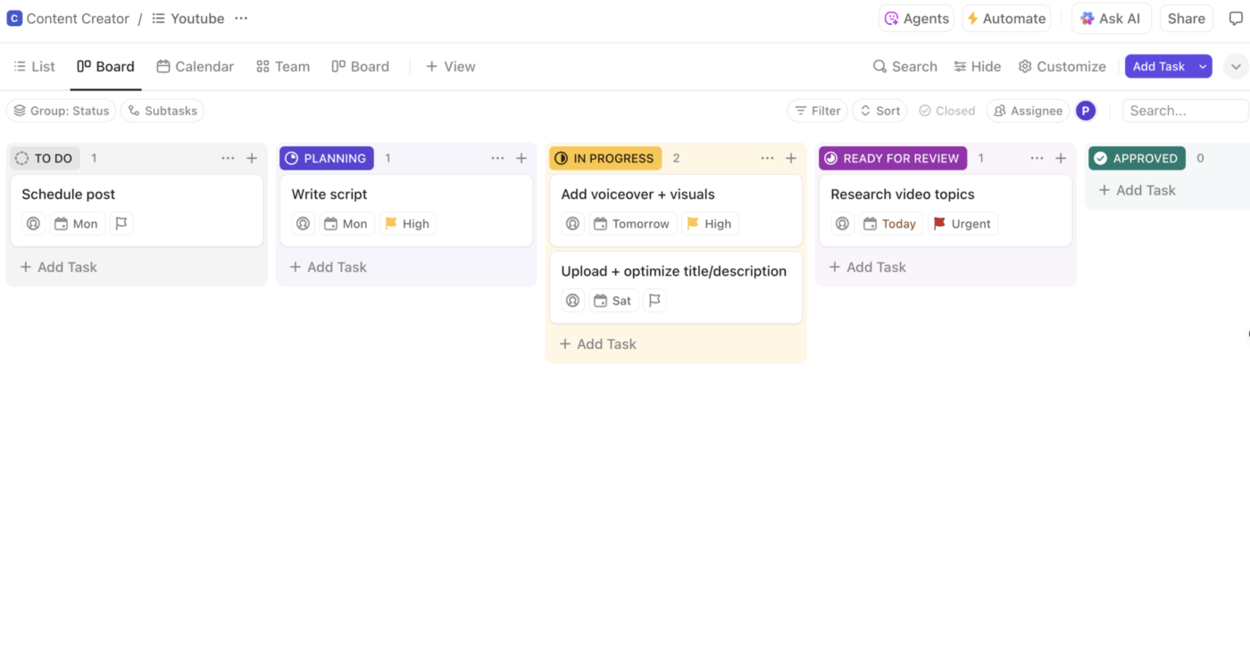 Board View - Priority of tasks